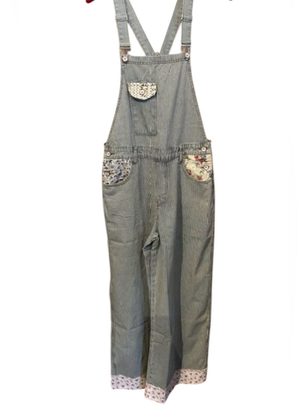 POL NWT Wide-Leg Patchwork Floral striped Denim Boho Overalls Size Medium